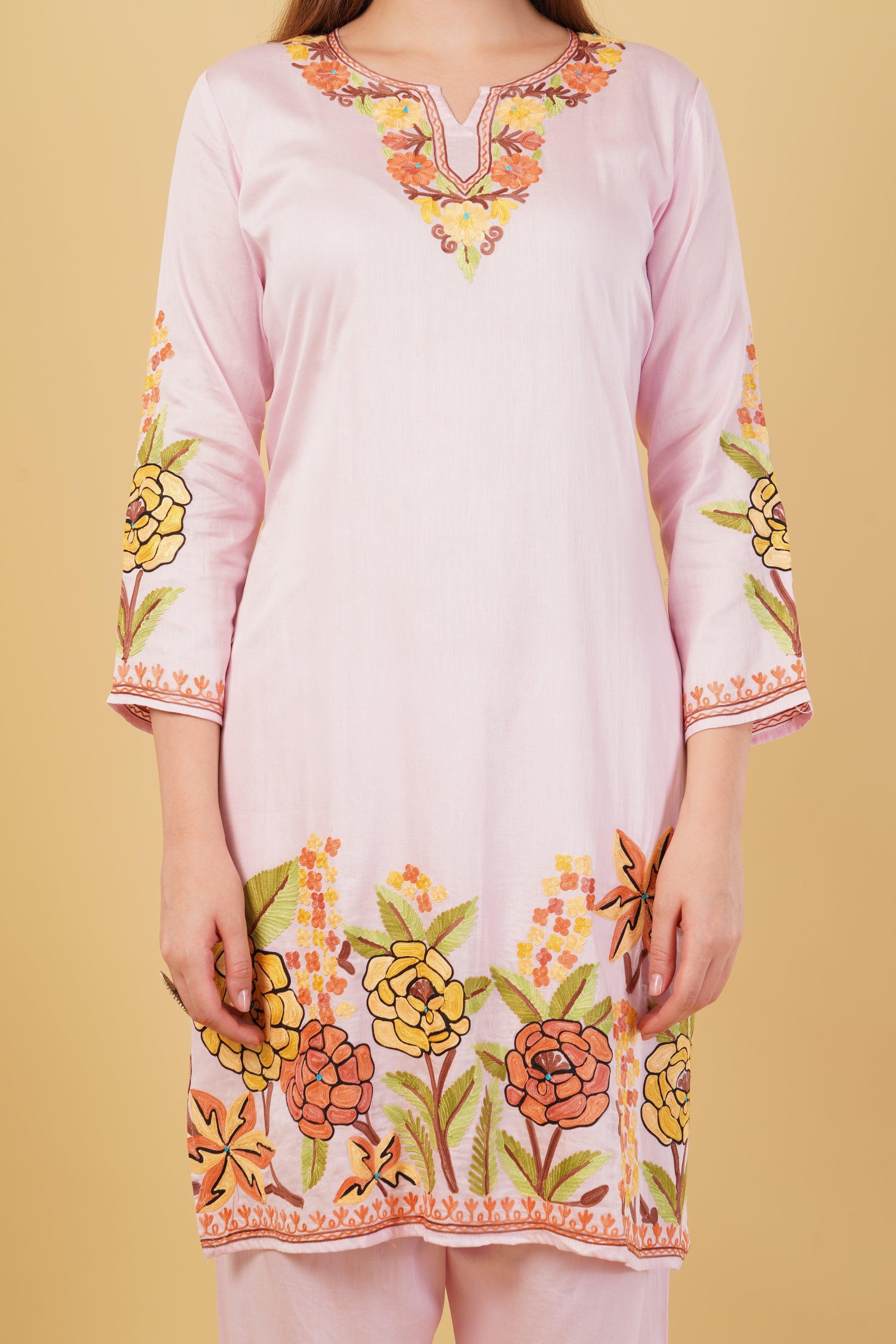 Kashmiri Aari embroidery Jaam Cotton Co-ord set Size-44 (Pink)
