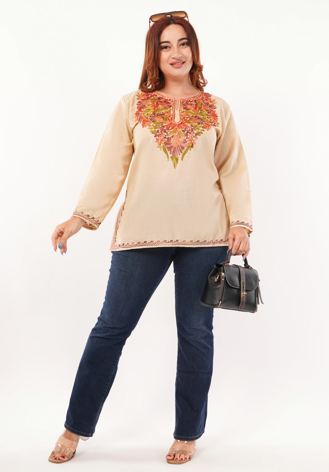 Kashmiri Aari embroidery Cotton Short Kurti Size-46 (Beige)