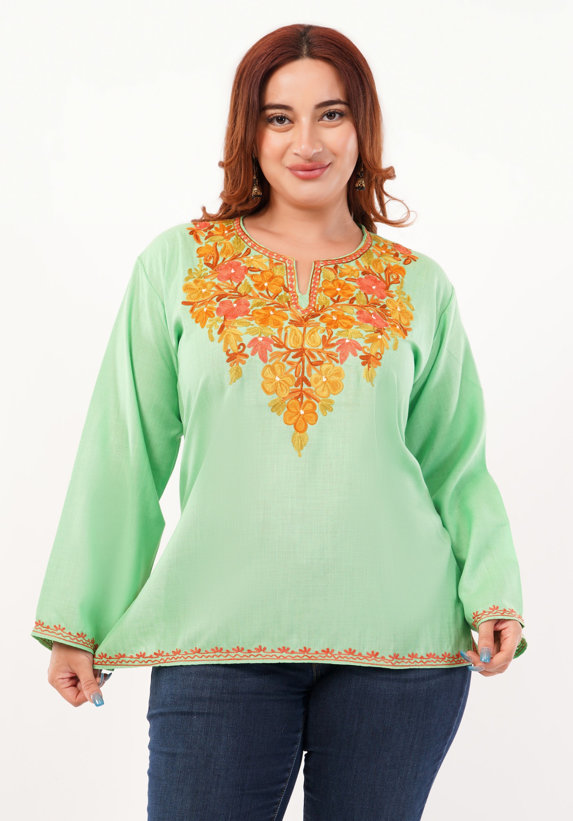 Kashmiri Aari embroidery Cotton Short Kurti Size-46 (Green)