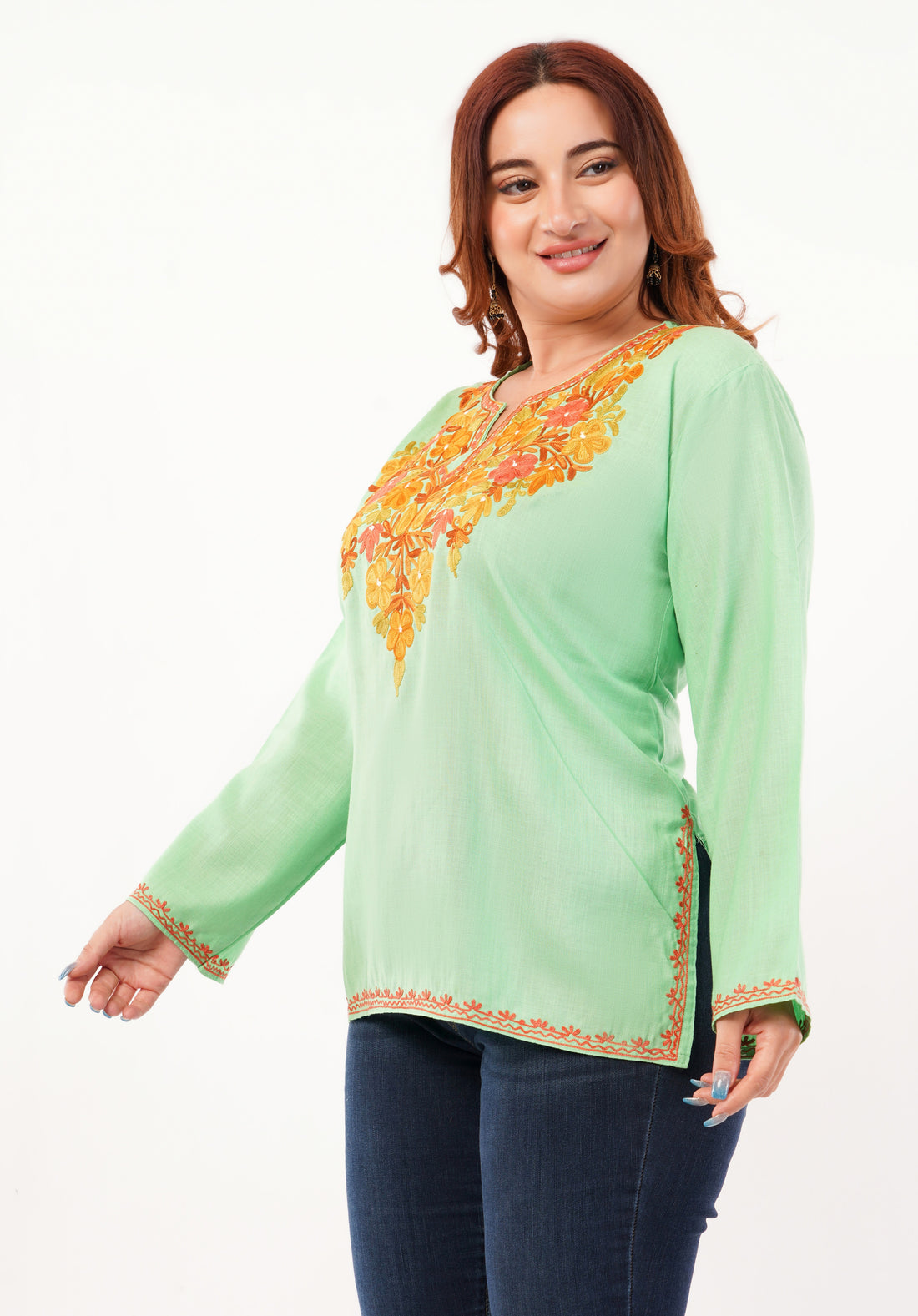 Kashmiri Aari embroidery Cotton Short Kurti Size-46 (Green)