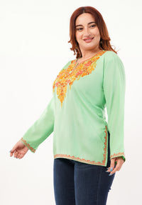 Kashmiri Aari embroidery Cotton Short Kurti Size-46 (Green)