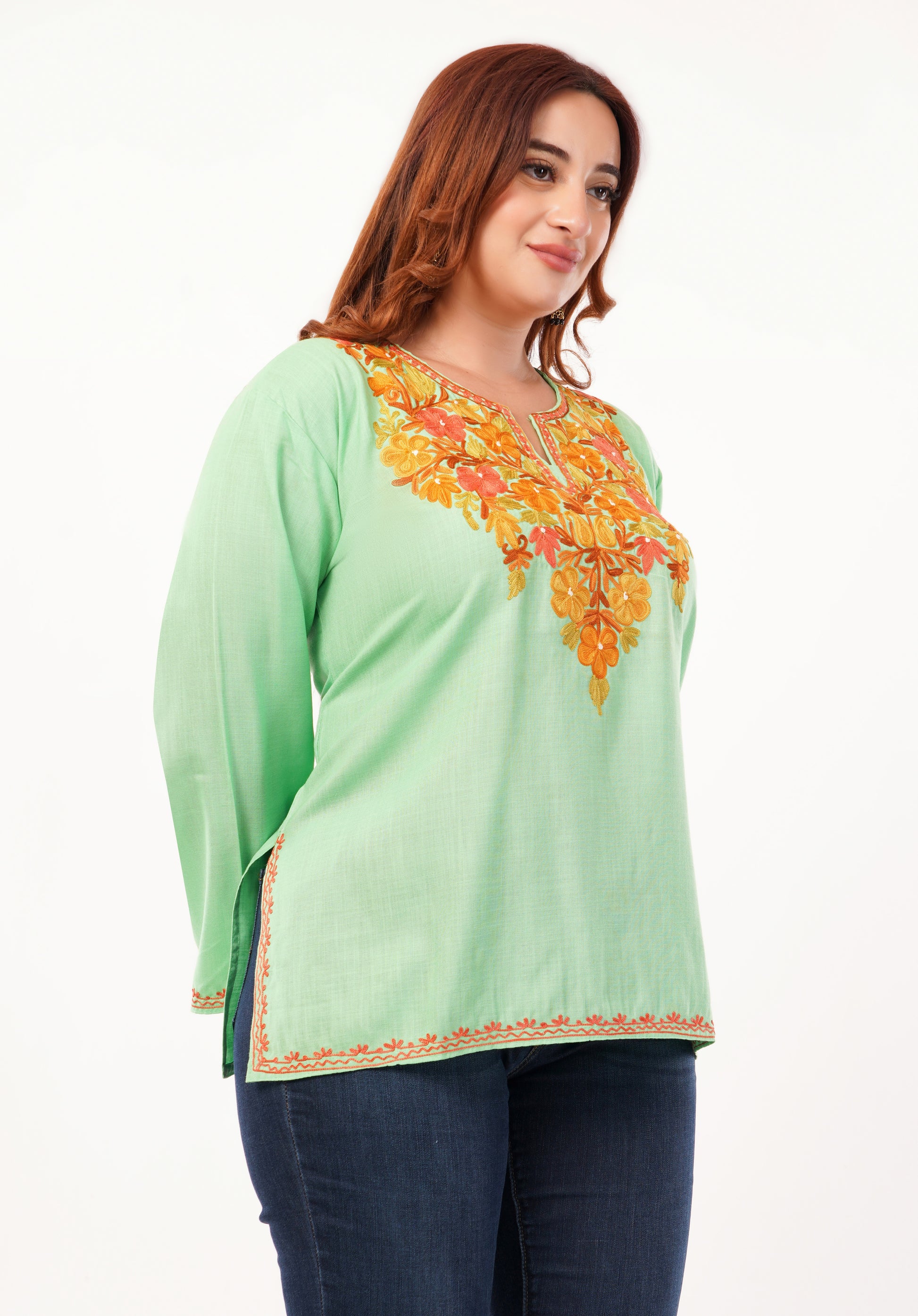 Kashmiri Aari embroidery Cotton Short Kurti Size-46 (Green)