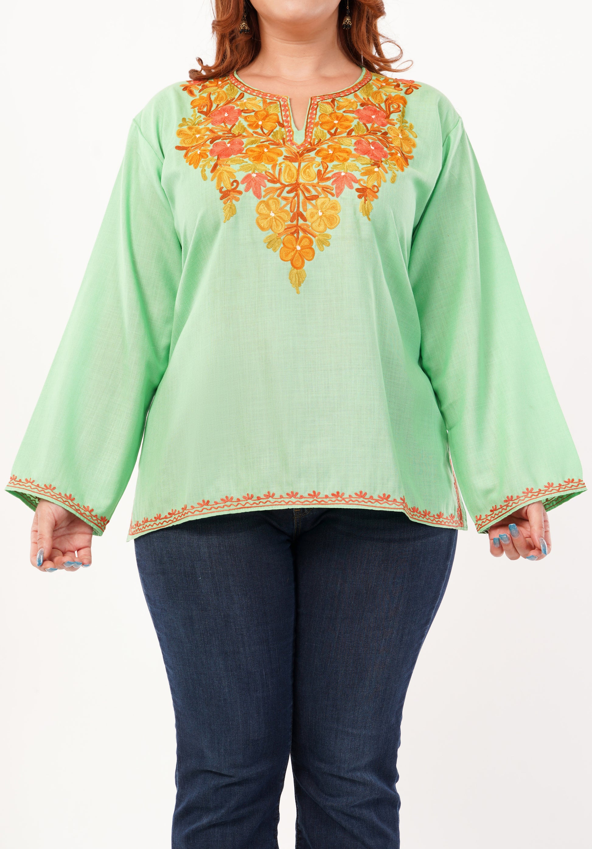 Kashmiri Aari embroidery Cotton Short Kurti Size-46 (Green)