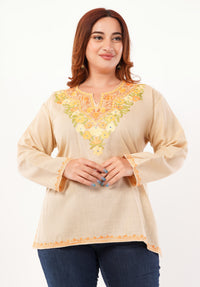 Kashmiri Aari embroidery Cotton Short Kurti Size-46 (Beige)