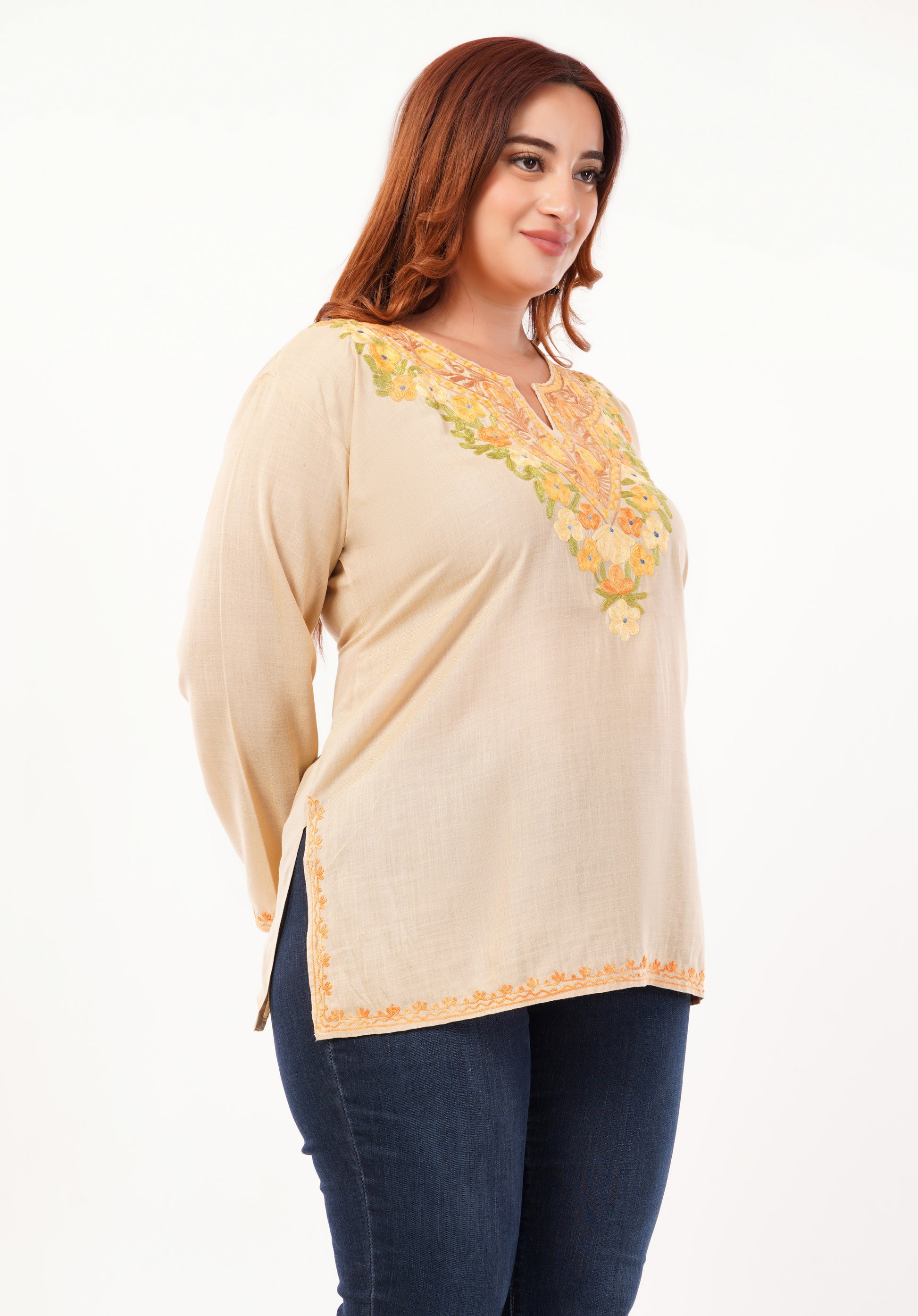 Kashmiri Aari embroidery Cotton Short Kurti Size-46 (Beige)