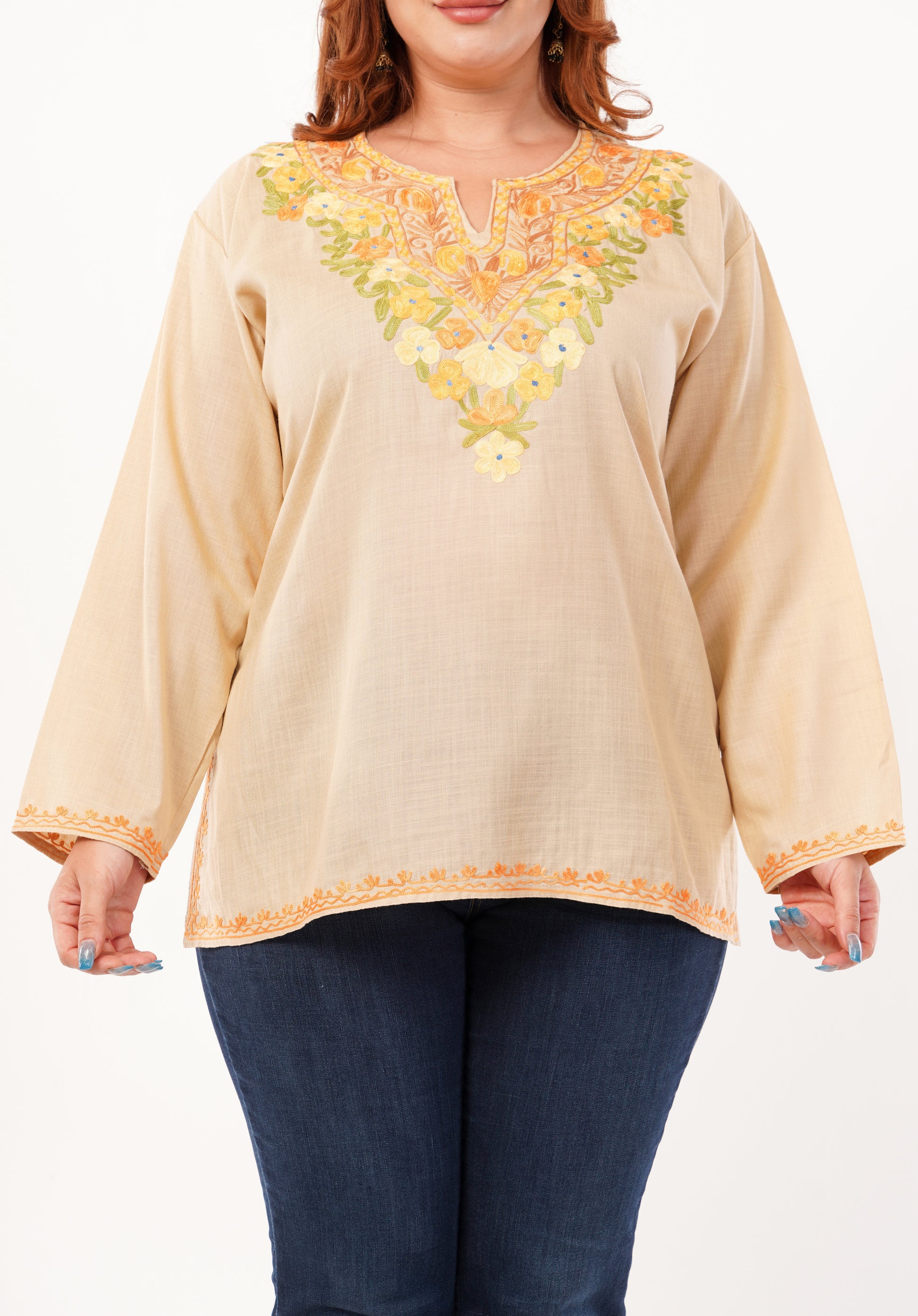 Kashmiri Aari embroidery Cotton Short Kurti Size-46 (Beige)