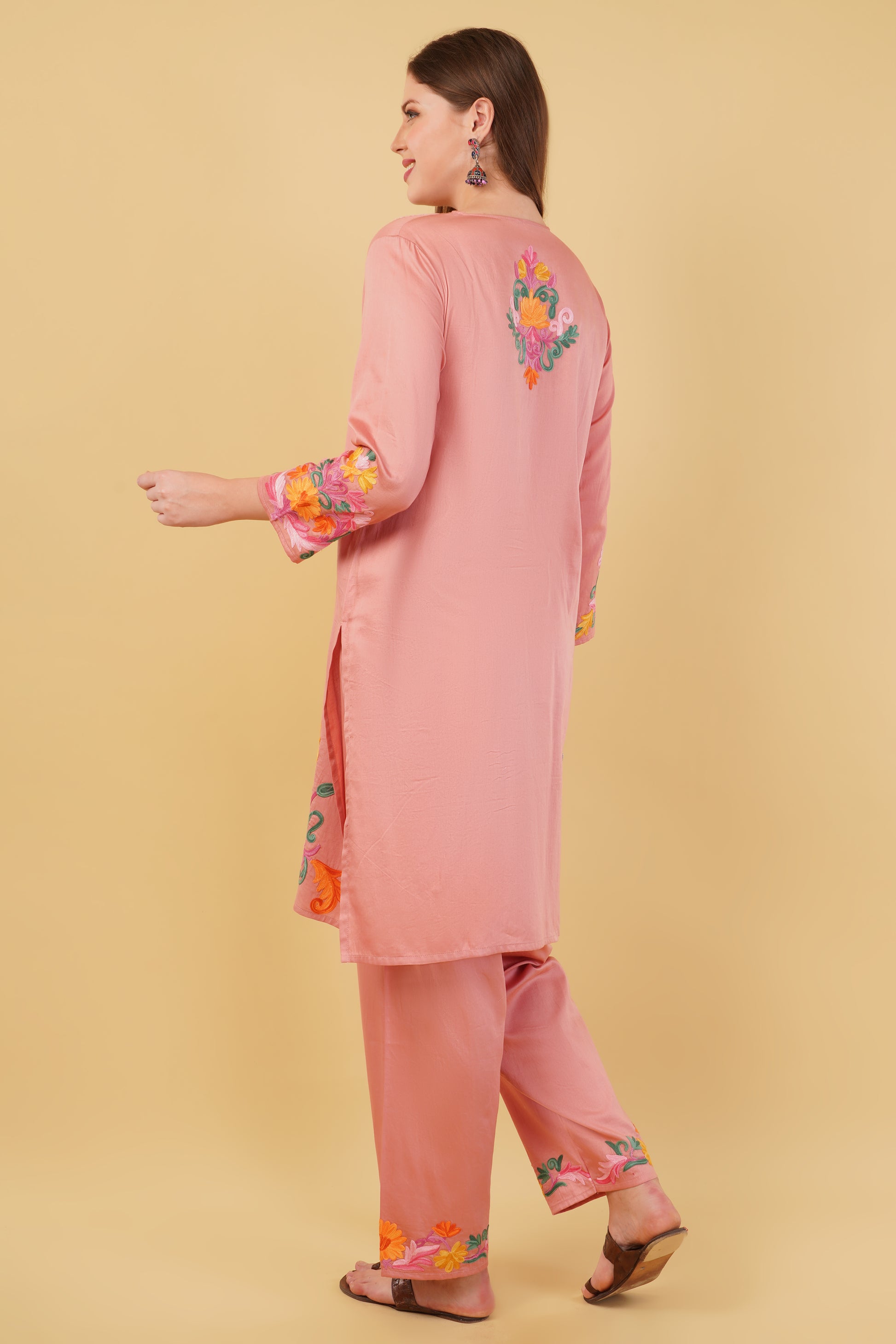 Kashmiri Aari embroidery Jaam Cotton Co-ord set Size-44 (Salmon Pink)