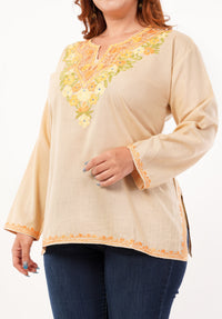 Kashmiri Aari embroidery Cotton Short Kurti Size-46 (Beige)
