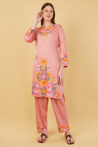 Kashmiri Aari embroidery Jaam Cotton Co-ord set Size-44 (Salmon Pink)