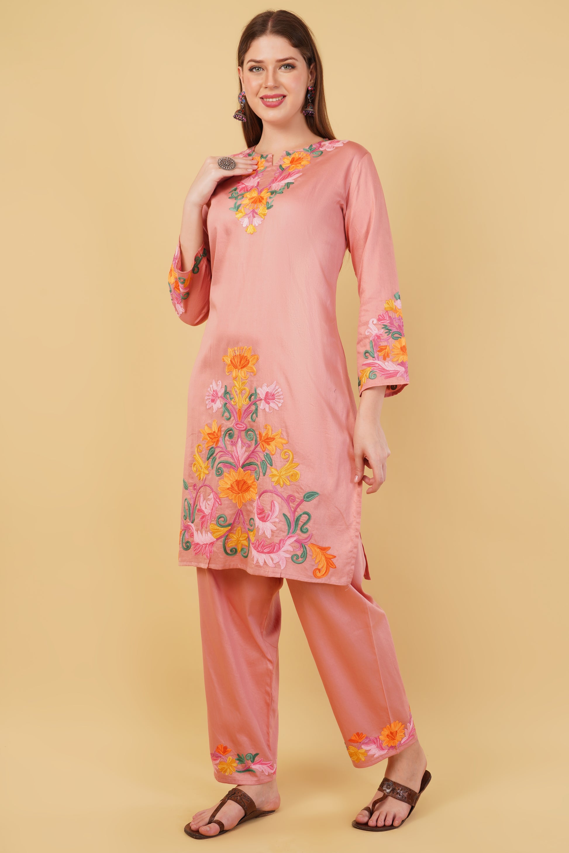 Kashmiri Aari embroidery Jaam Cotton Co-ord set Size-44 (Salmon Pink)