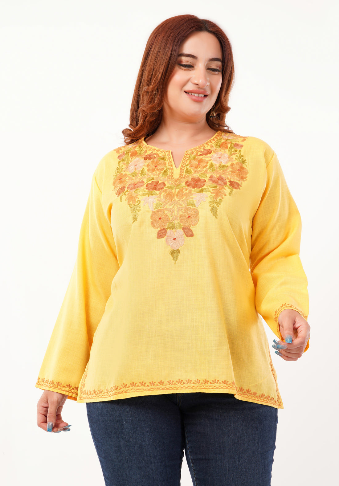 Kashmiri Aari embroidery Cotton Short Kurti Size-46 (Yellow)
