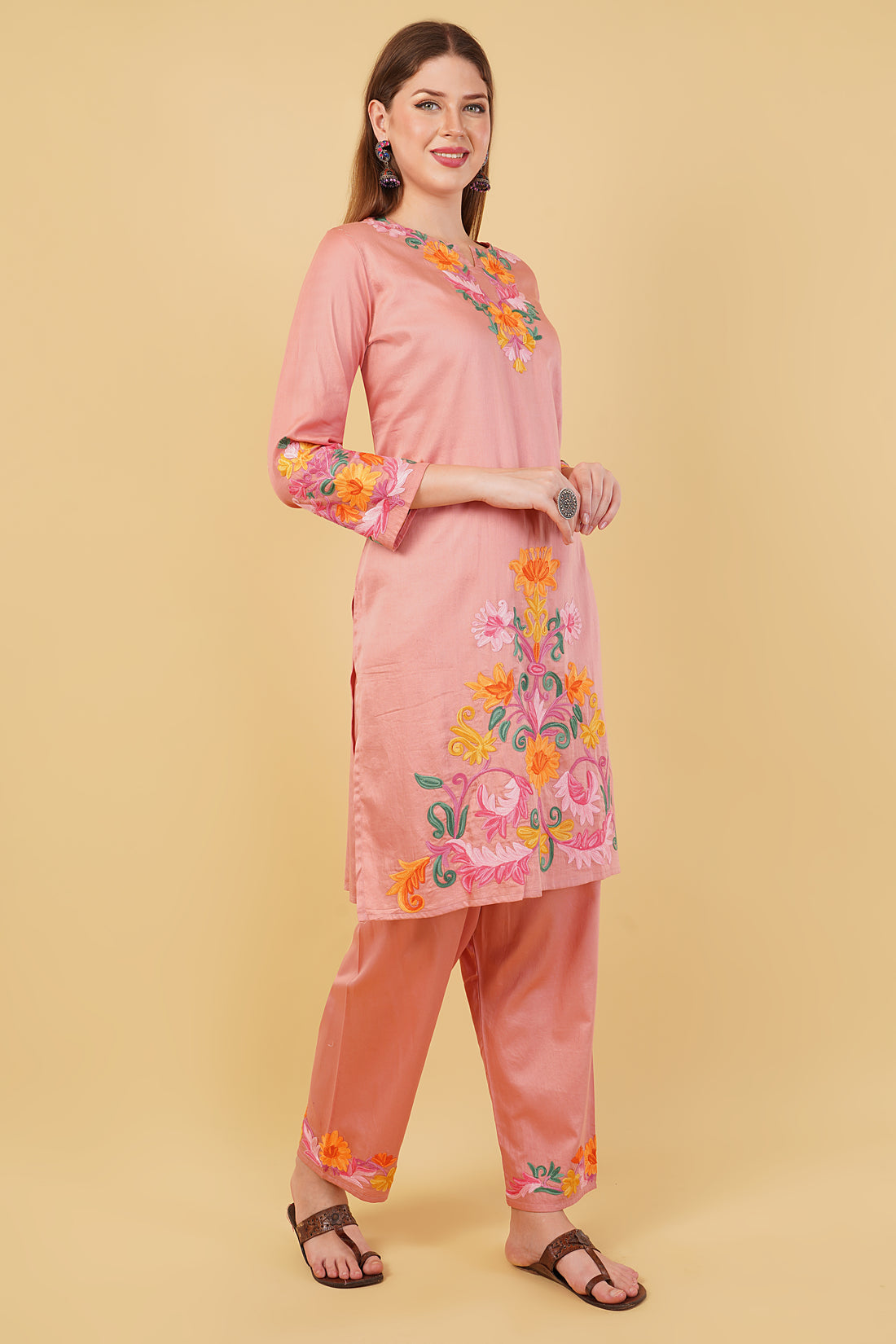 Kashmiri Aari embroidery Jaam Cotton Co-ord set Size-44 (Salmon Pink)