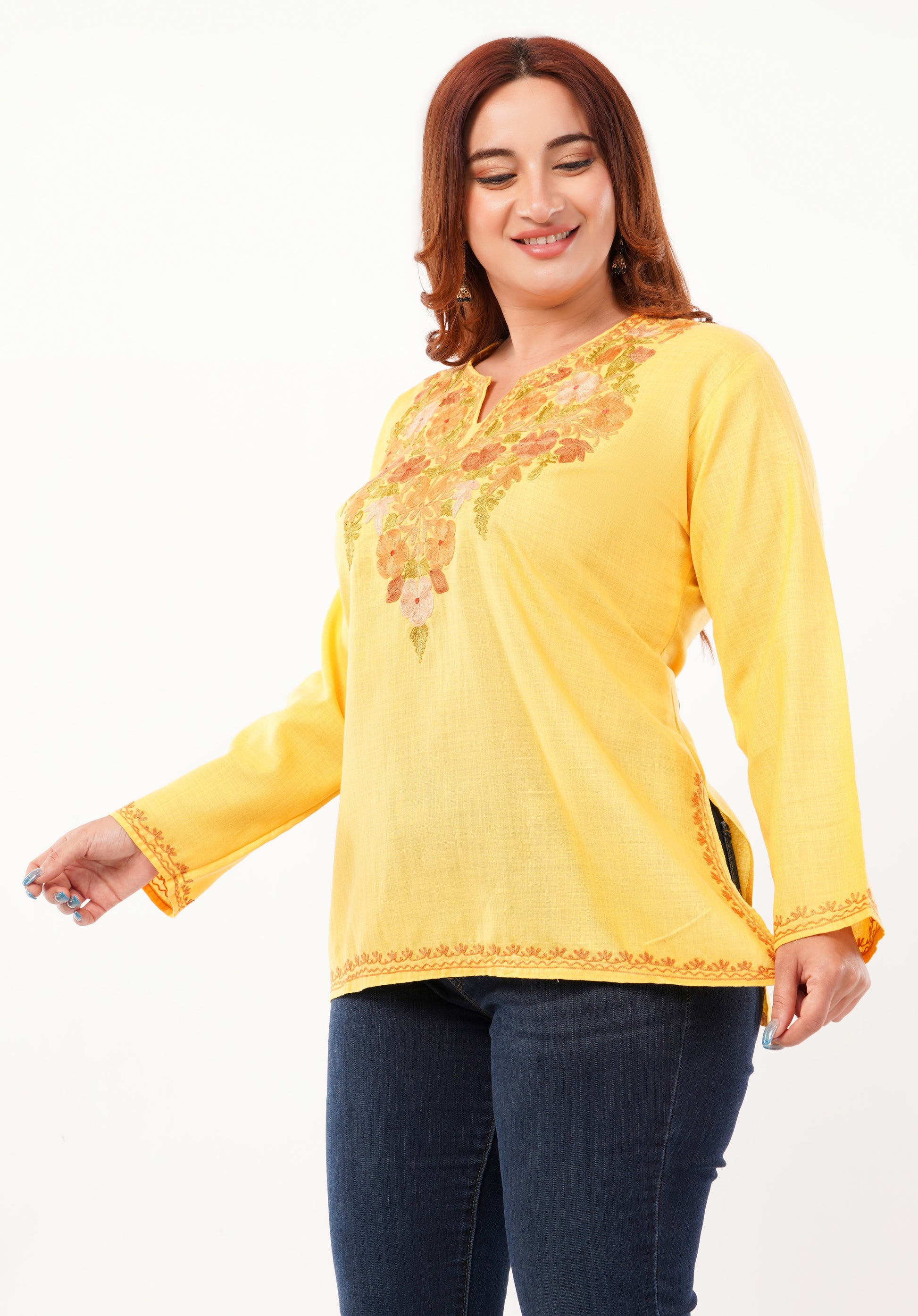 Kashmiri Aari embroidery Cotton Short Kurti Size-46 (Yellow)