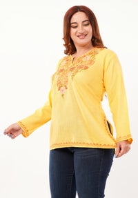Kashmiri Aari embroidery Cotton Short Kurti Size-46 (Yellow)