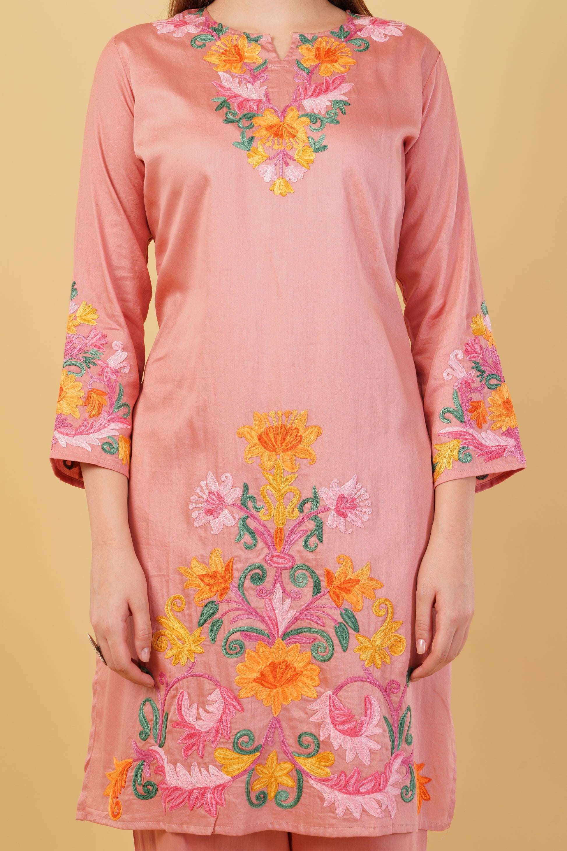 Kashmiri Aari embroidery Jaam Cotton Co-ord set Size-44 (Salmon Pink)