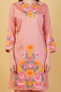 Kashmiri Aari embroidery Jaam Cotton Co-ord set Size-44 (Salmon Pink)