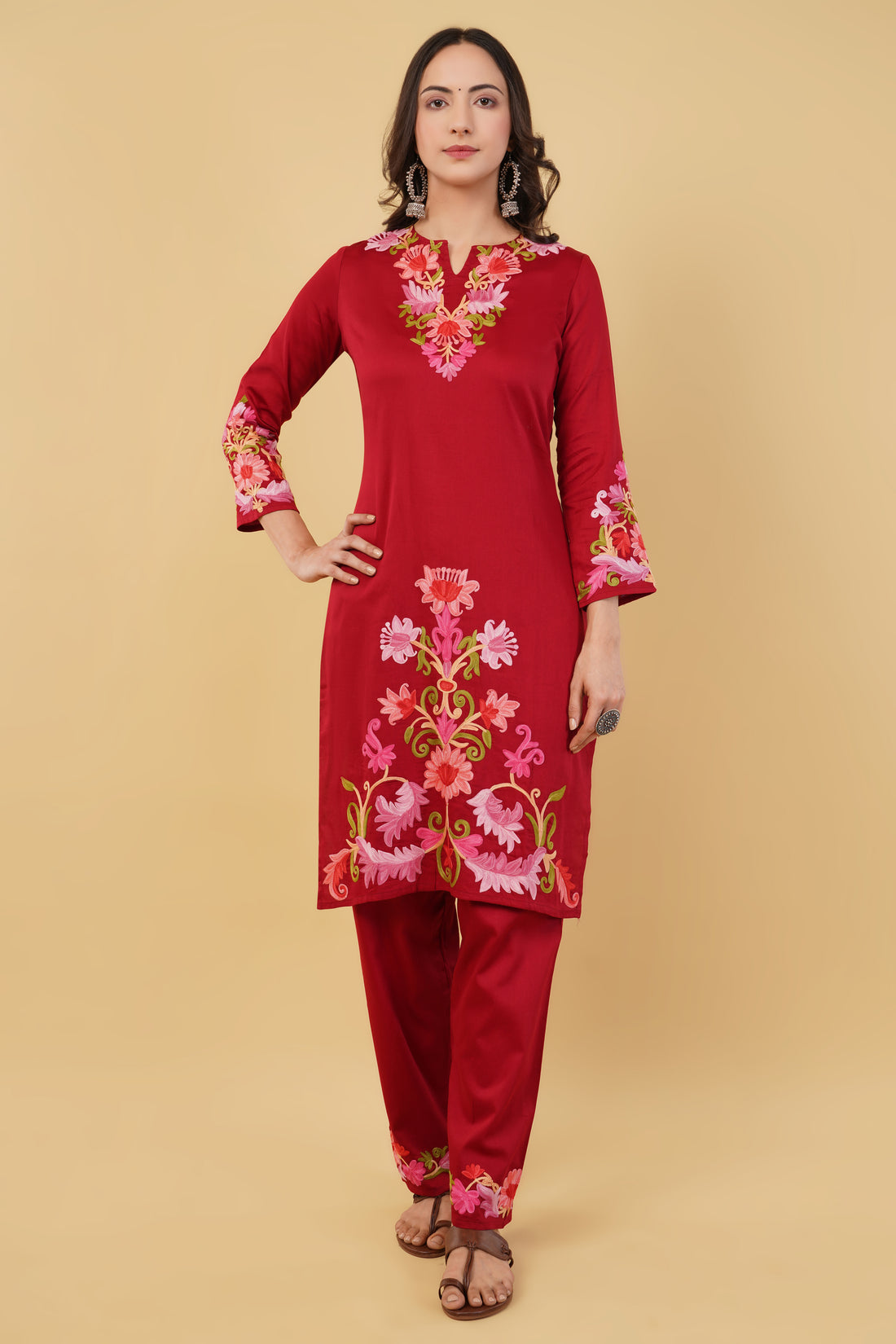 Kashmiri Aari embroidery Jaam Cotton Co-ord set Size-38