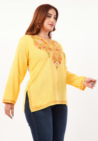 Kashmiri Aari embroidery Cotton Short Kurti Size-46 (Yellow)
