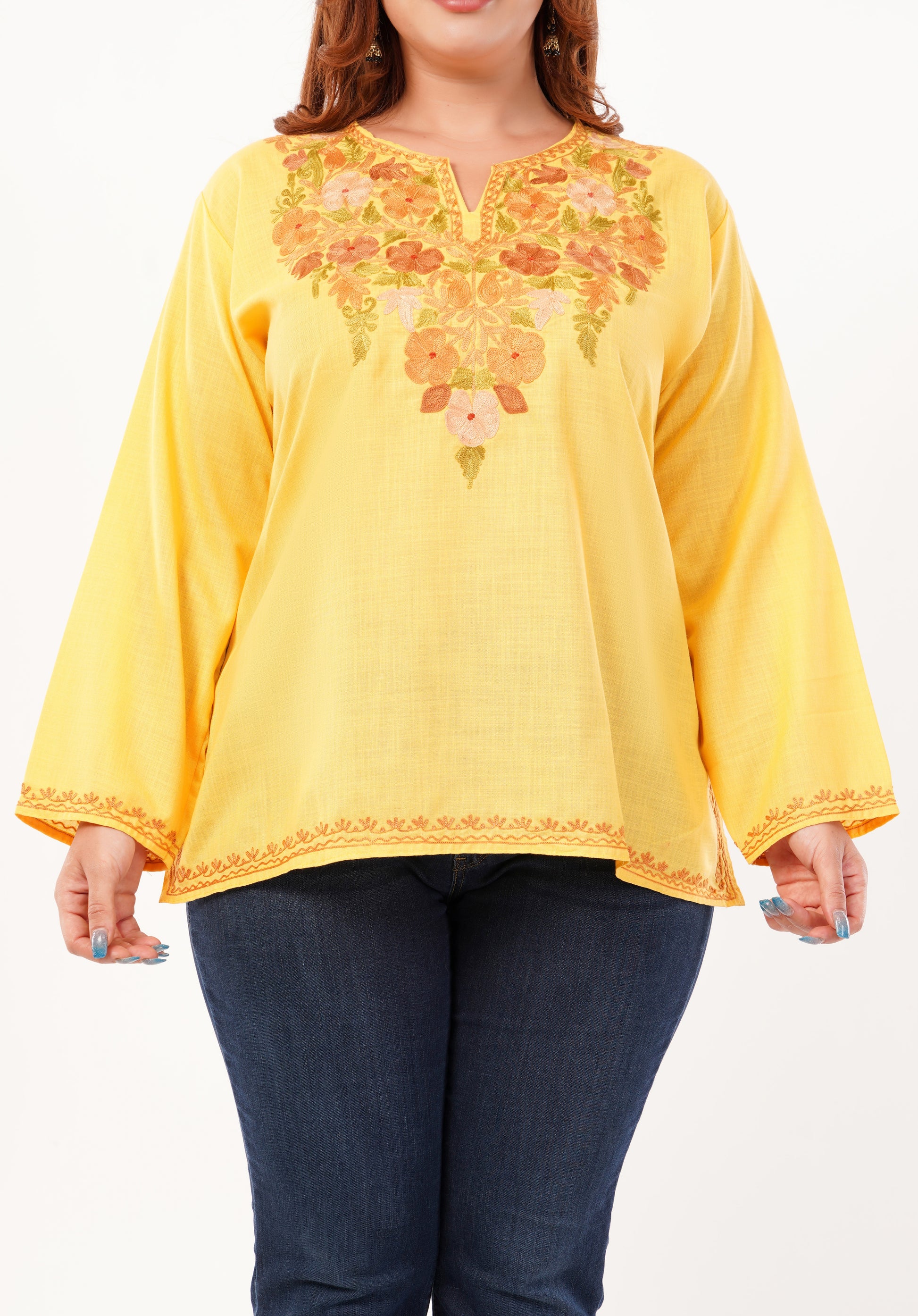 Kashmiri Aari embroidery Cotton Short Kurti Size-46 (Yellow)