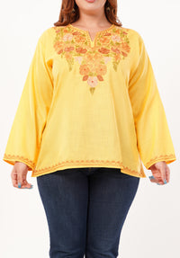 Kashmiri Aari embroidery Cotton Short Kurti Size-46 (Yellow)