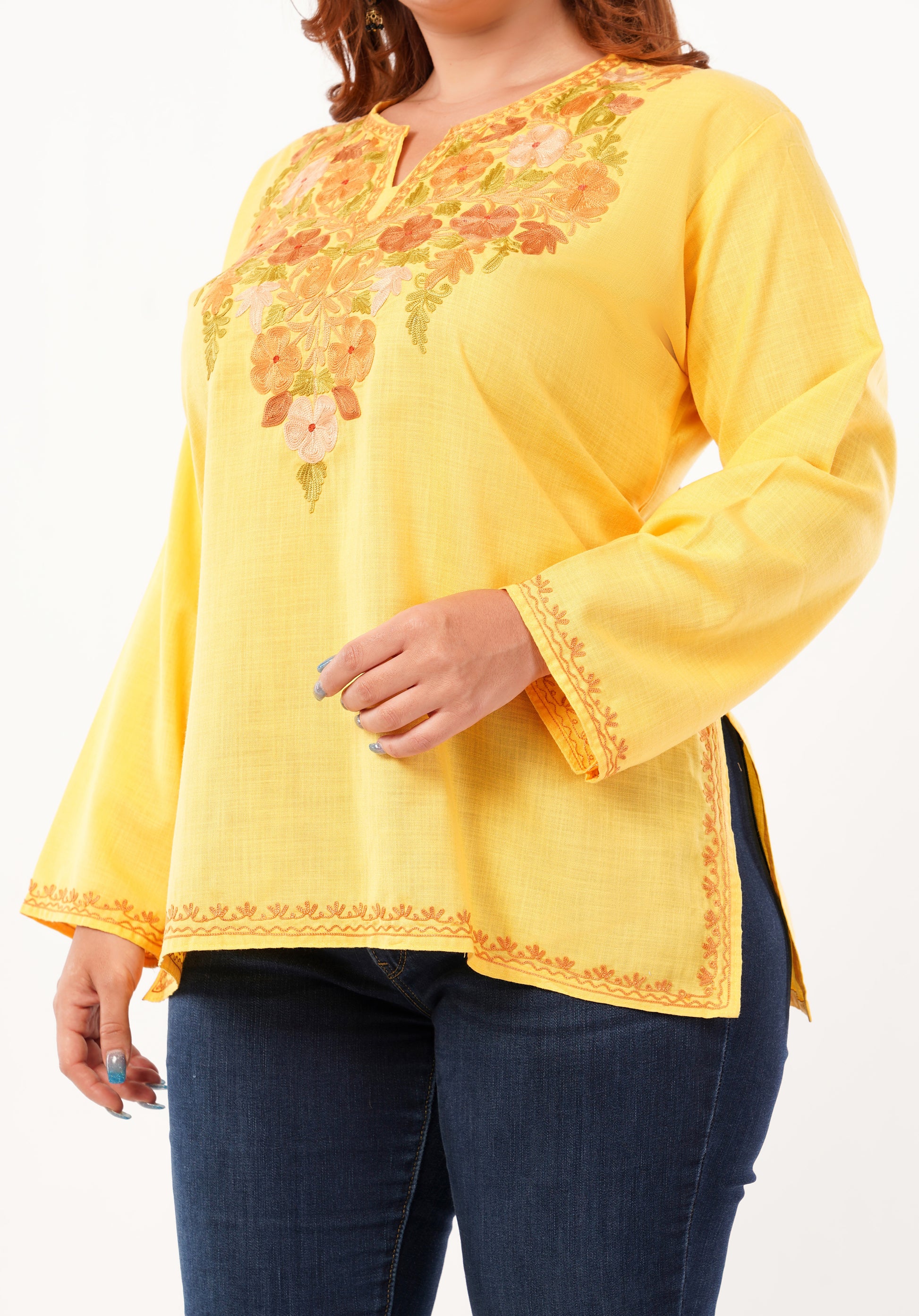 Kashmiri Aari embroidery Cotton Short Kurti Size-46 (Yellow)