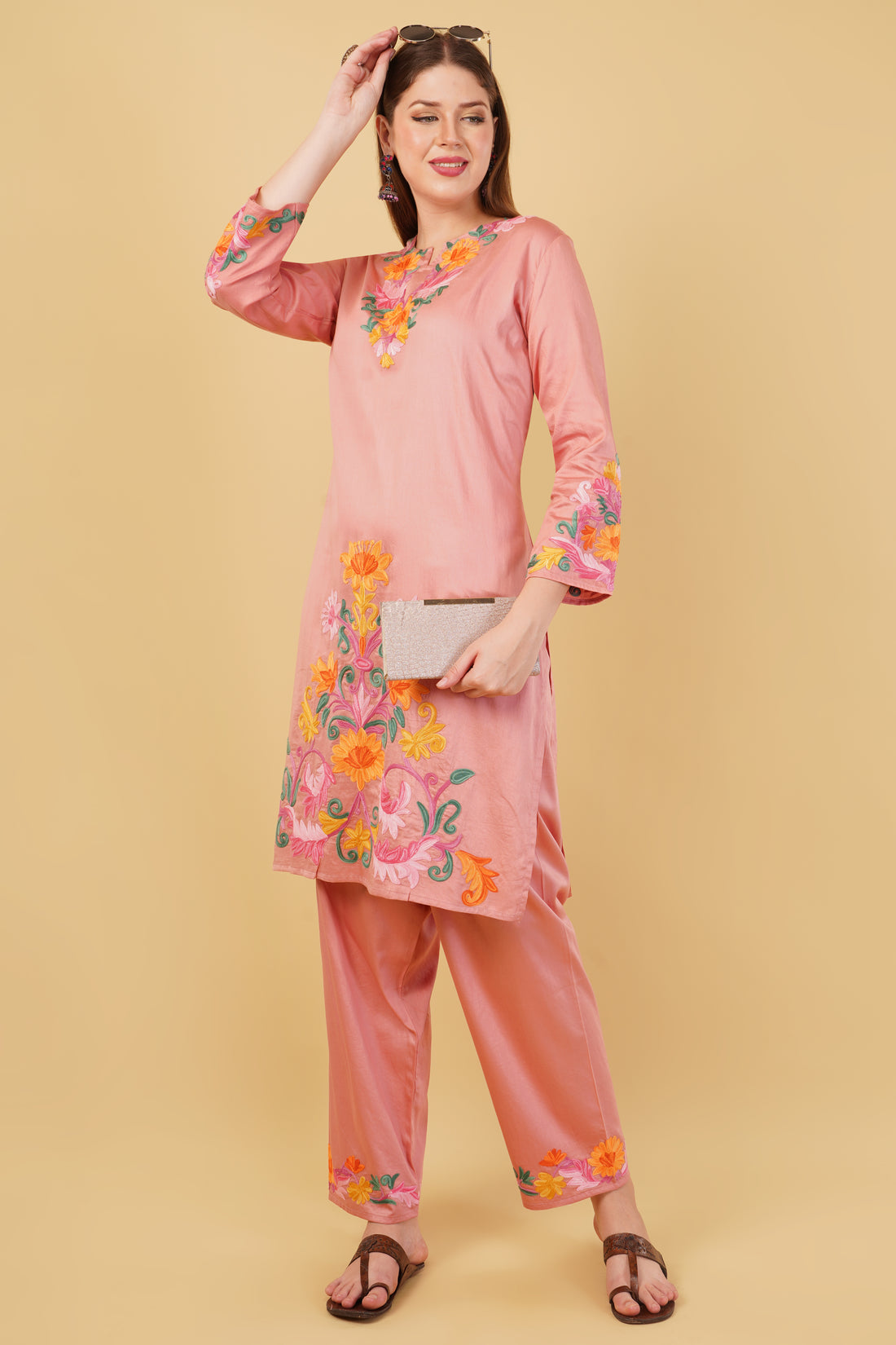 Kashmiri Aari embroidery Jaam Cotton Co-ord set Size-44 (Salmon Pink)