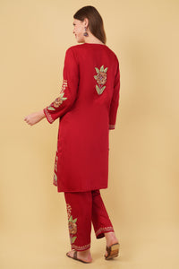 Kashmiri Aari embroidery Jaam Cotton Co-ord set Size-44 (Red)