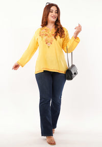 Kashmiri Aari embroidery Cotton Short Kurti Size-46 (Yellow)