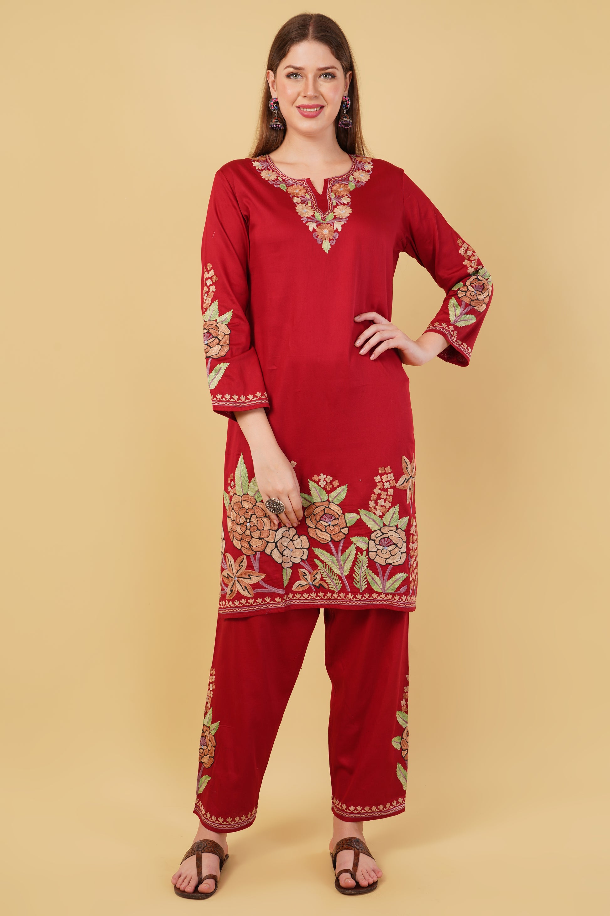 Kashmiri Aari embroidery Jaam Cotton Co-ord set Size-44 (Red)