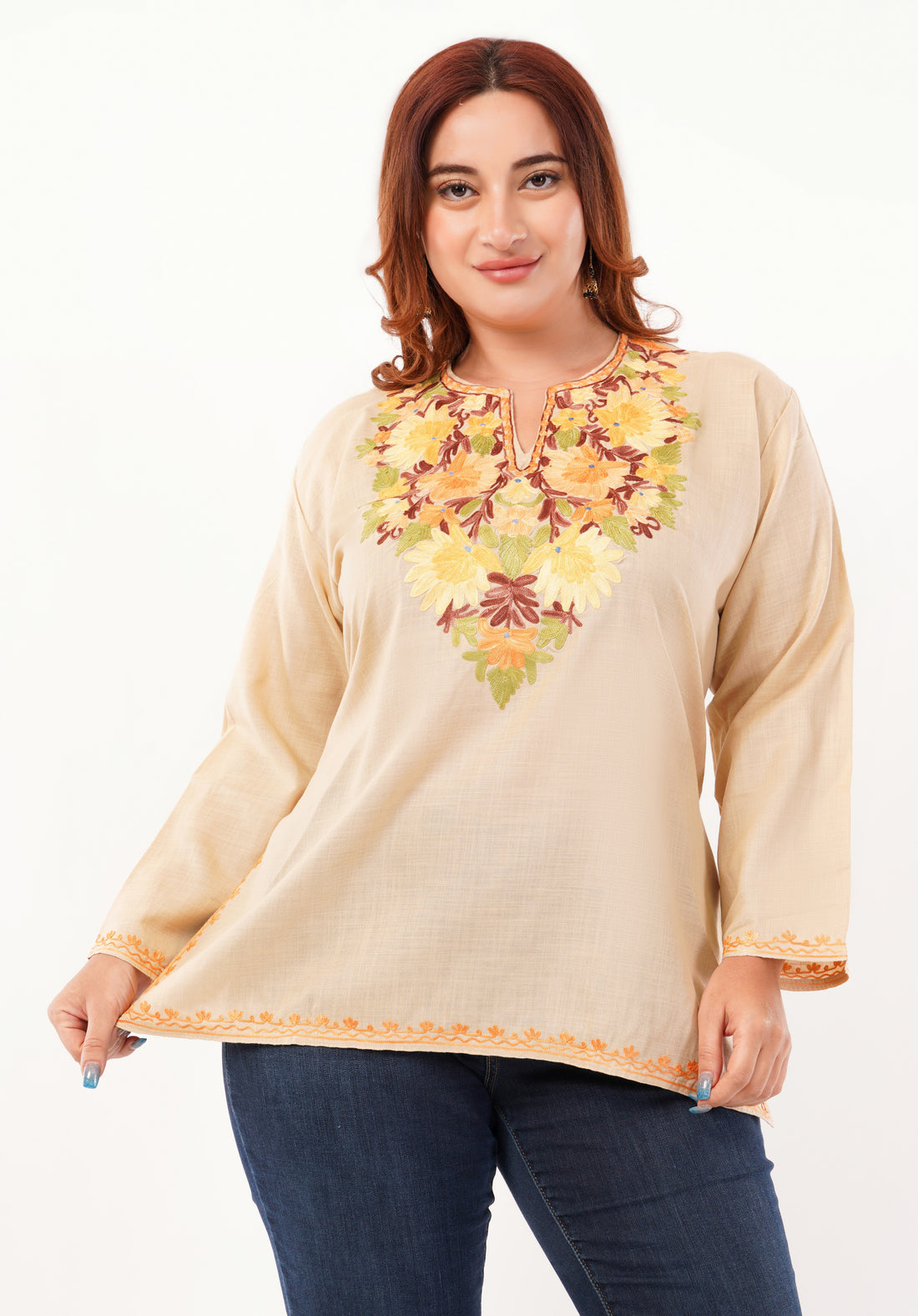 Kashmiri Aari embroidery Cotton Short Kurti Size-46 (Beige)