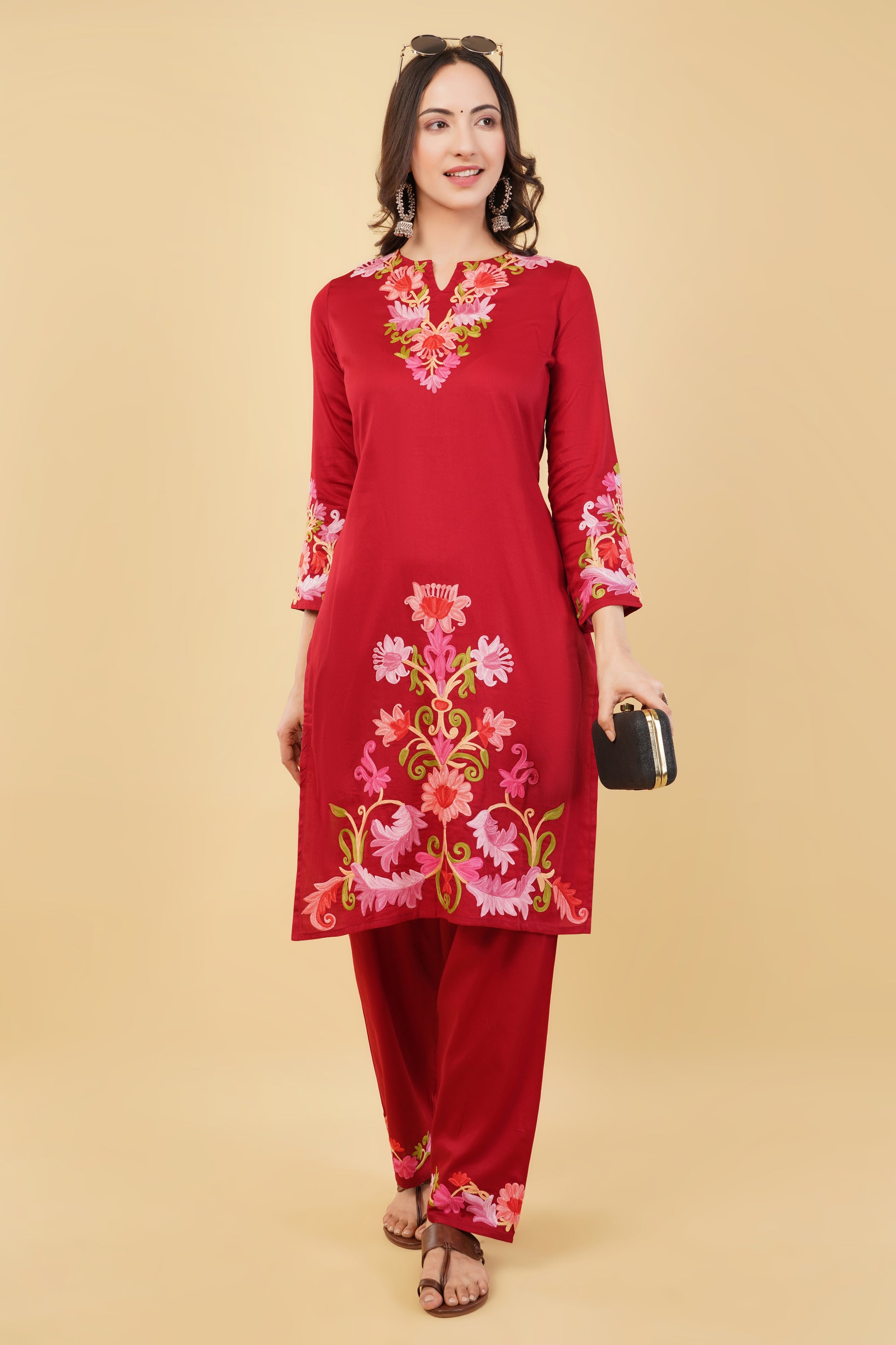 Kashmiri Aari embroidery Jaam Cotton Co-ord set Size-38