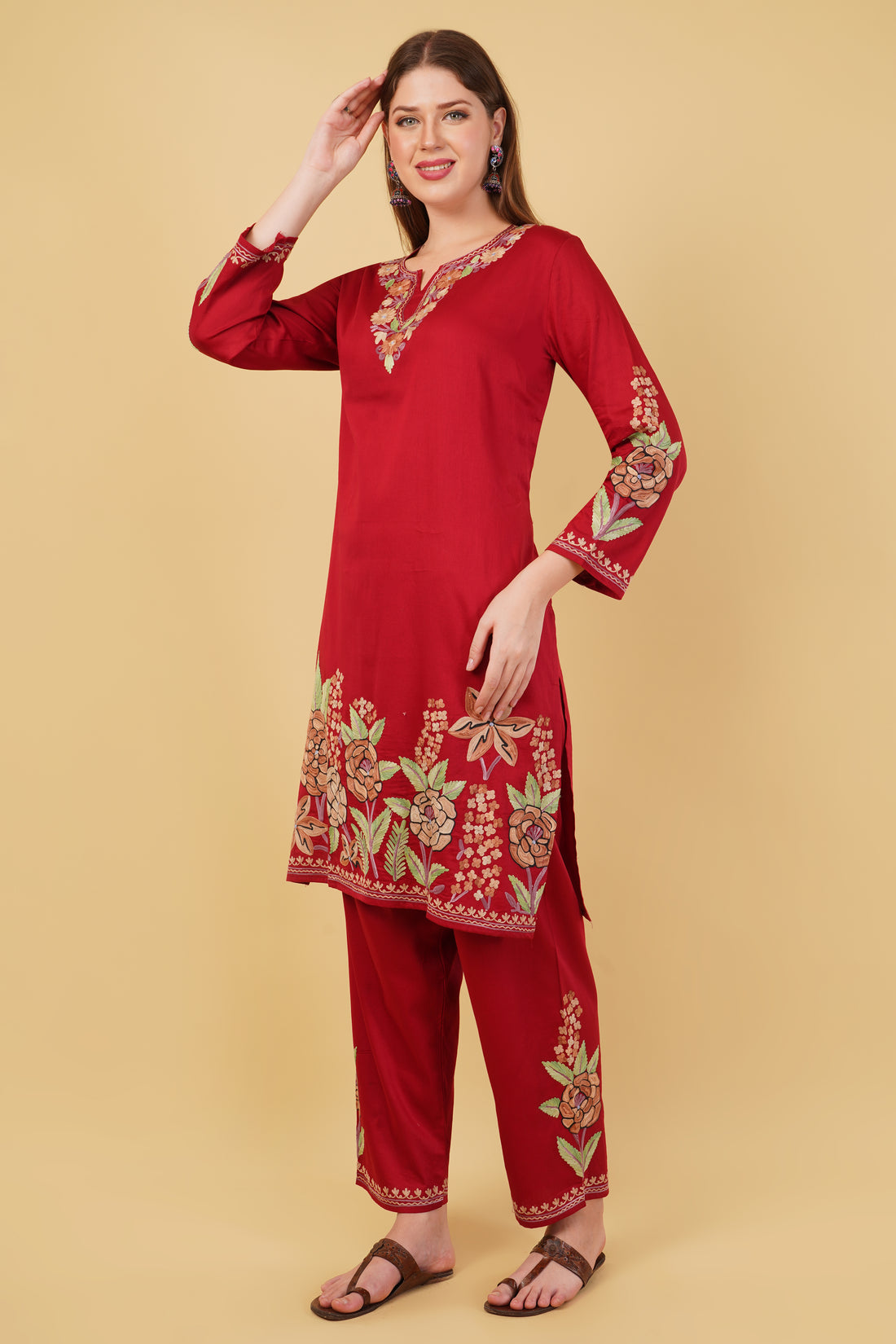 Kashmiri Aari embroidery Jaam Cotton Co-ord set Size-44 (Red)
