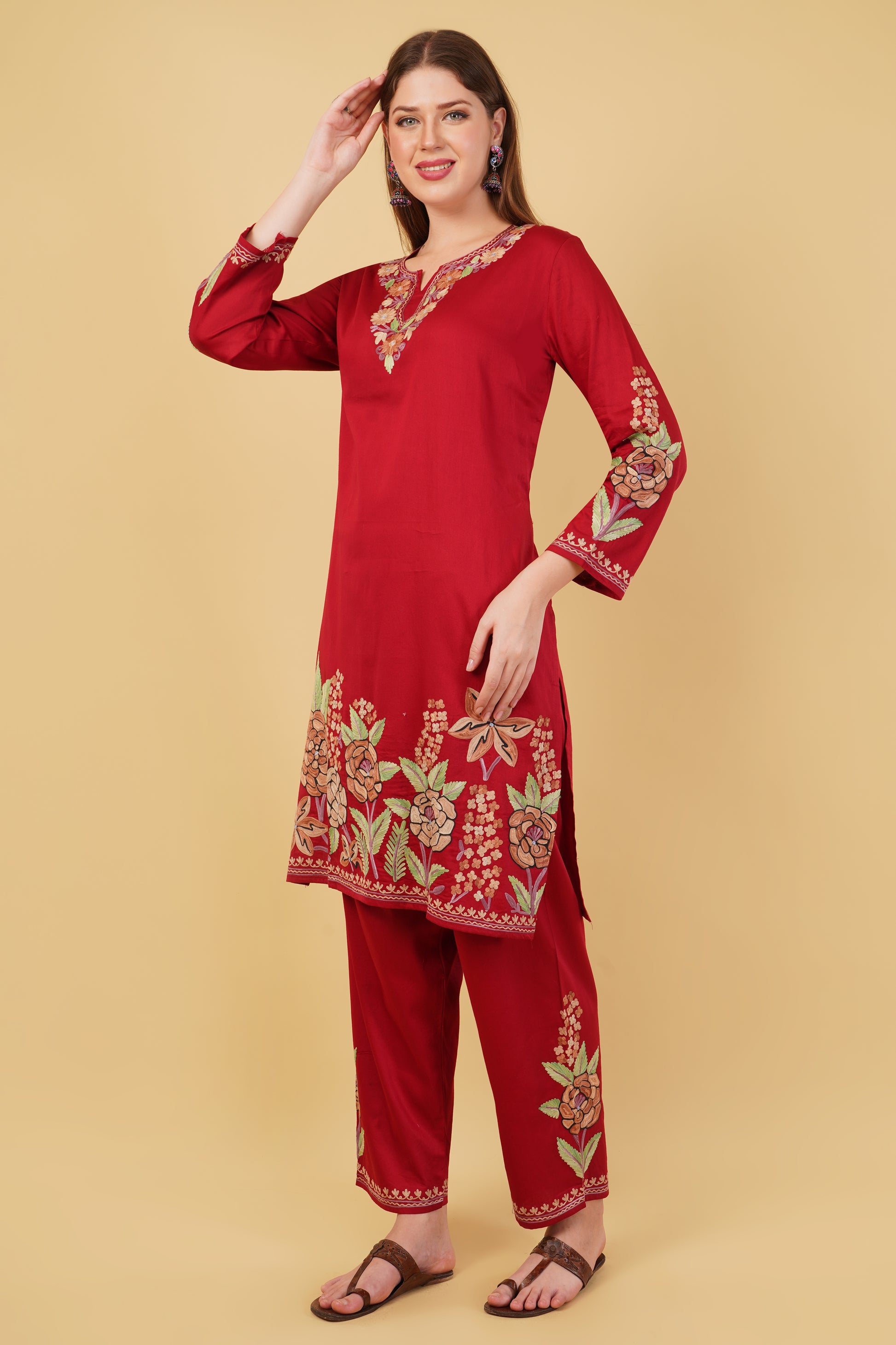 Kashmiri Aari embroidery Jaam Cotton Co-ord set Size-44 (Red)