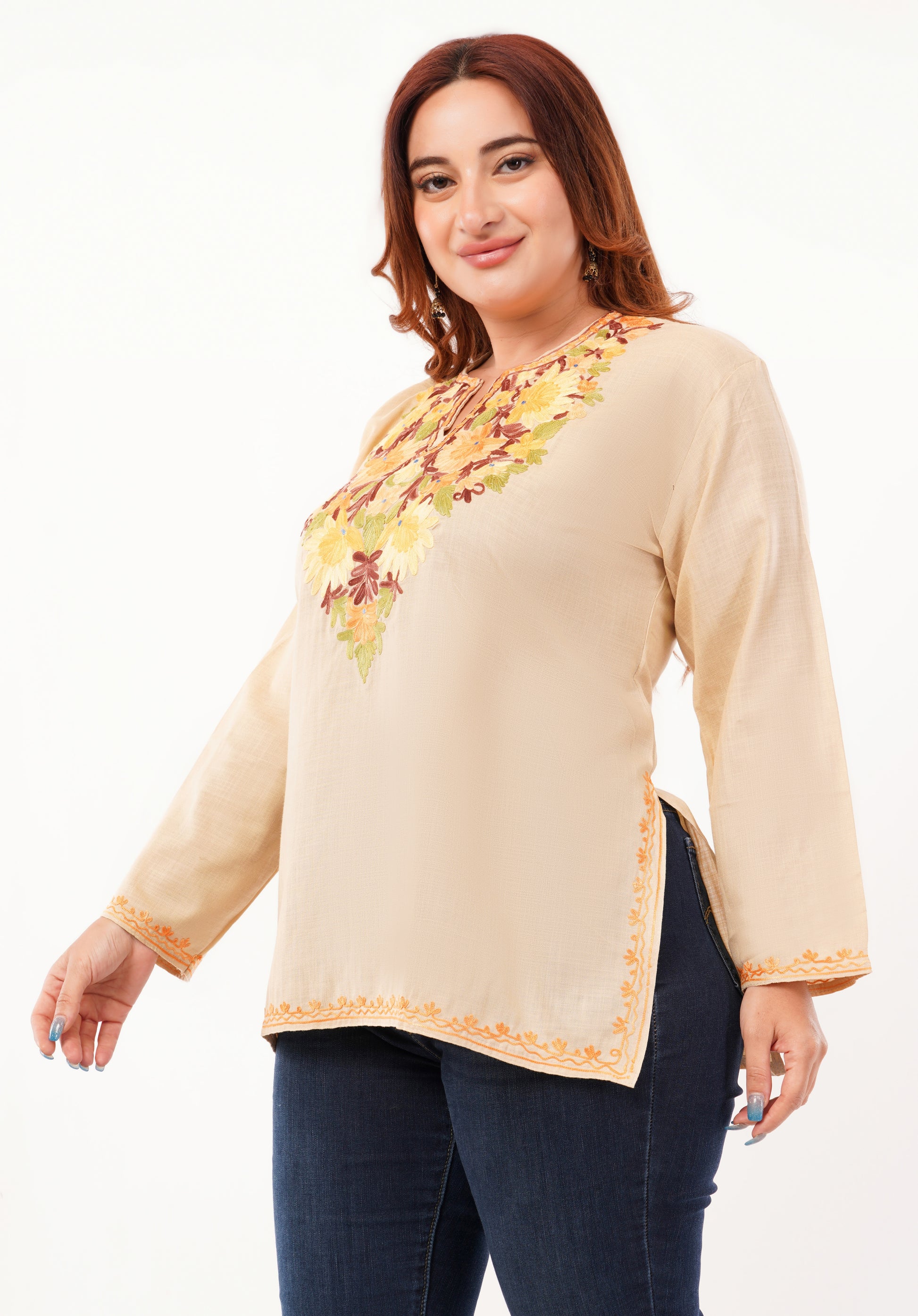 Kashmiri Aari embroidery Cotton Short Kurti Size-46 (Beige)