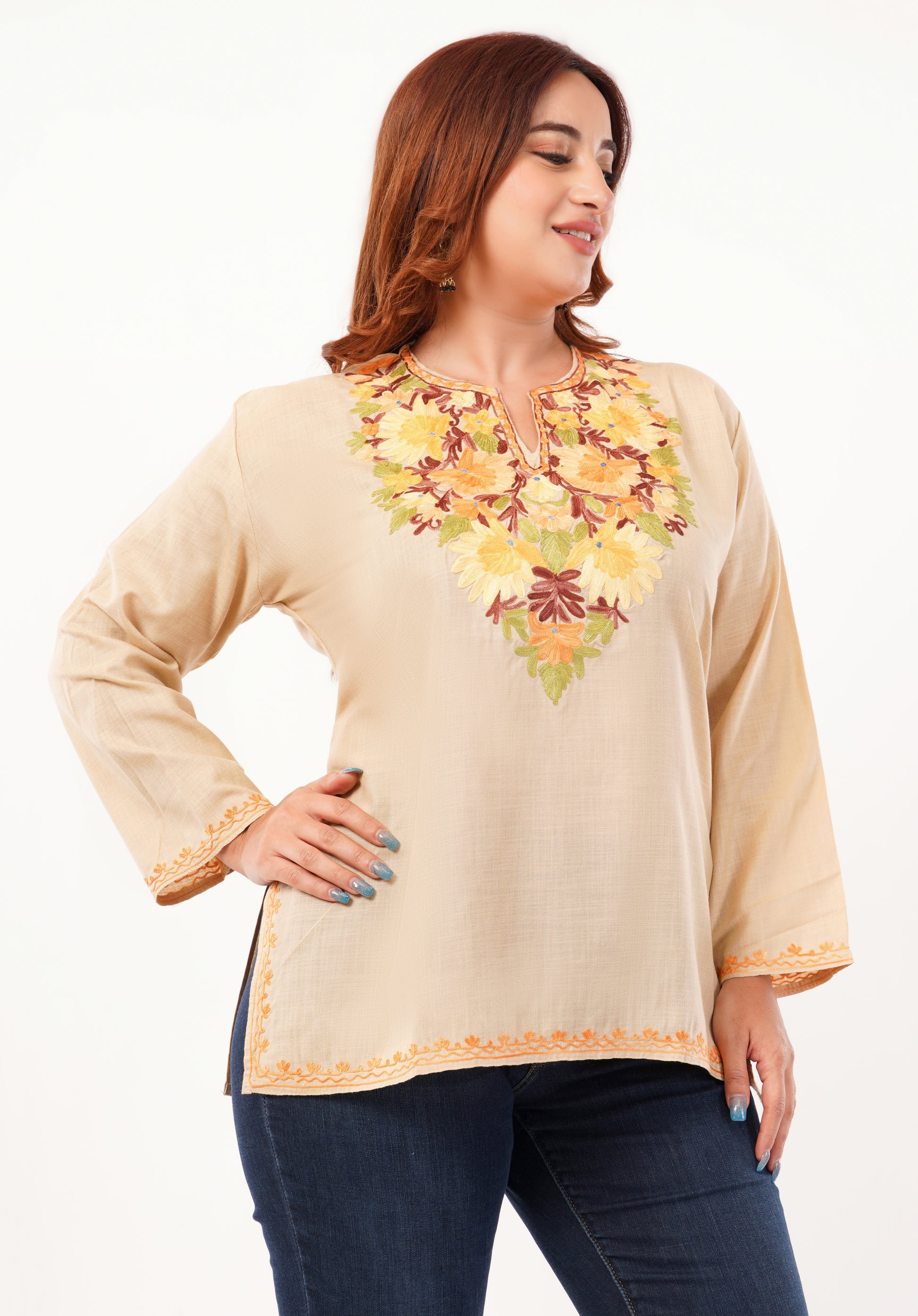 Kashmiri Aari embroidery Cotton Short Kurti Size-46 (Beige)