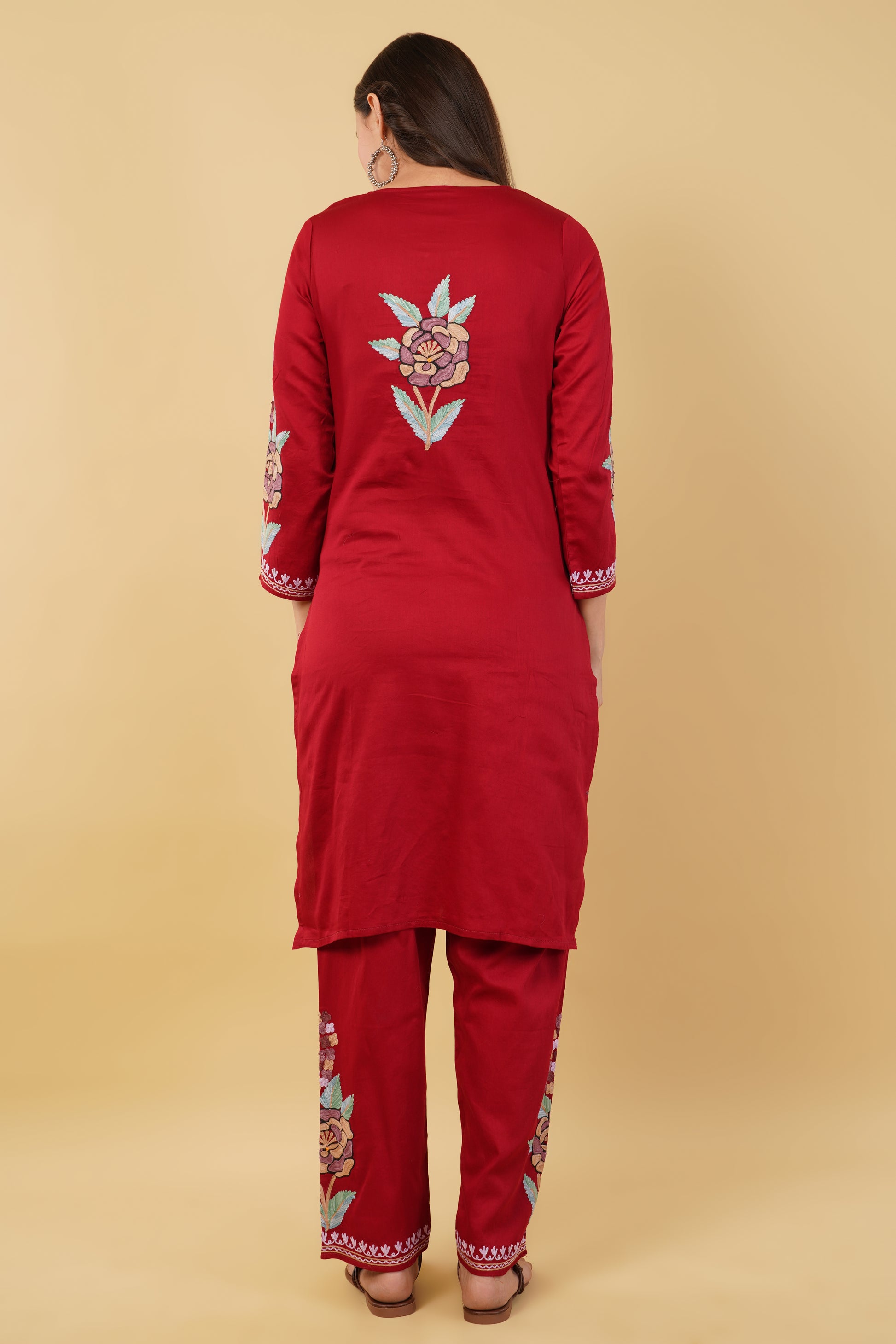 Kashmiri Aari embroidery Jaam Cotton Co-ord set Size-38 (Red)