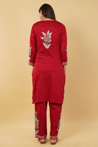 Kashmiri Aari embroidery Jaam Cotton Co-ord set Size-38 (Red)