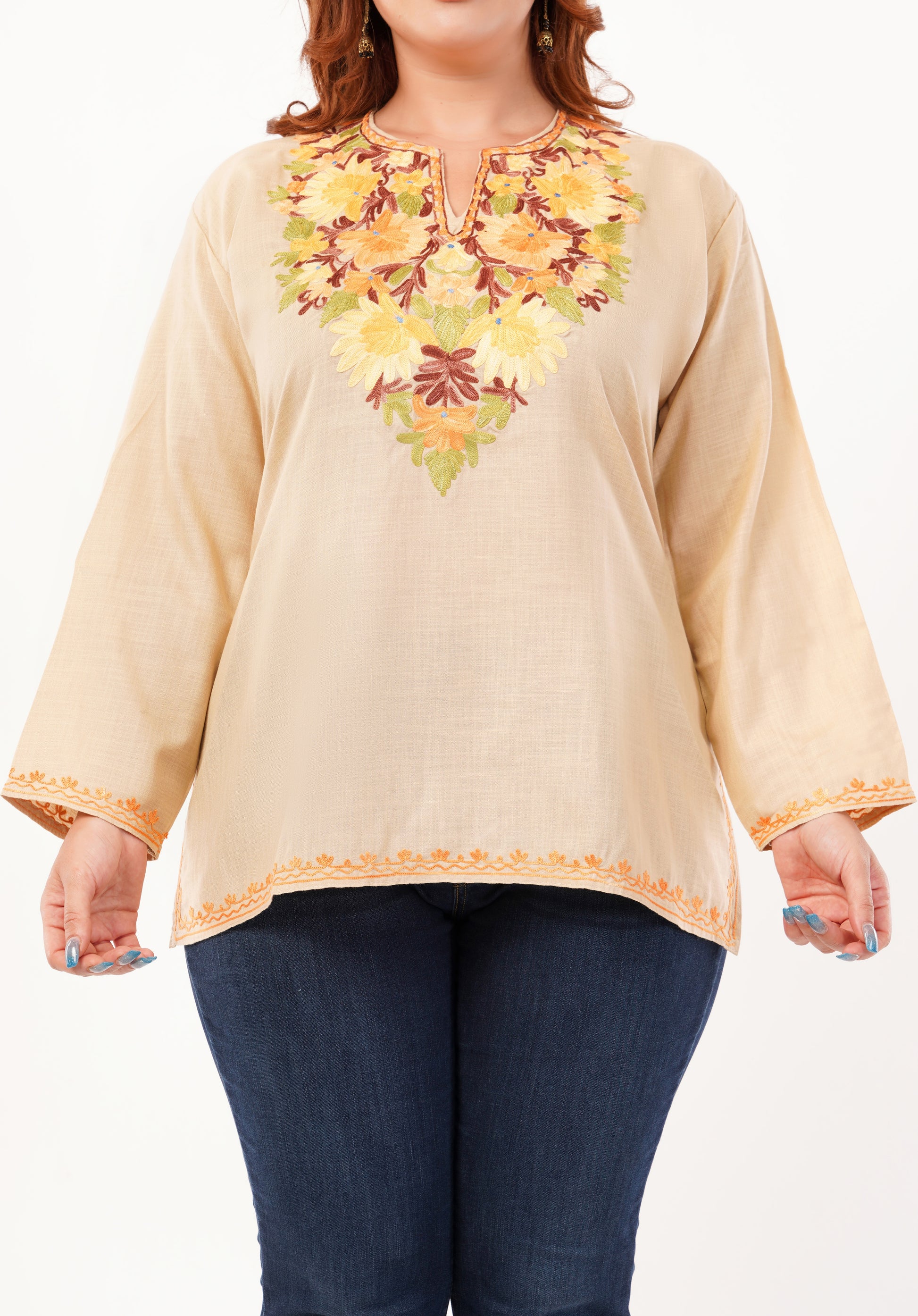 Kashmiri Aari embroidery Cotton Short Kurti Size-46 (Beige)