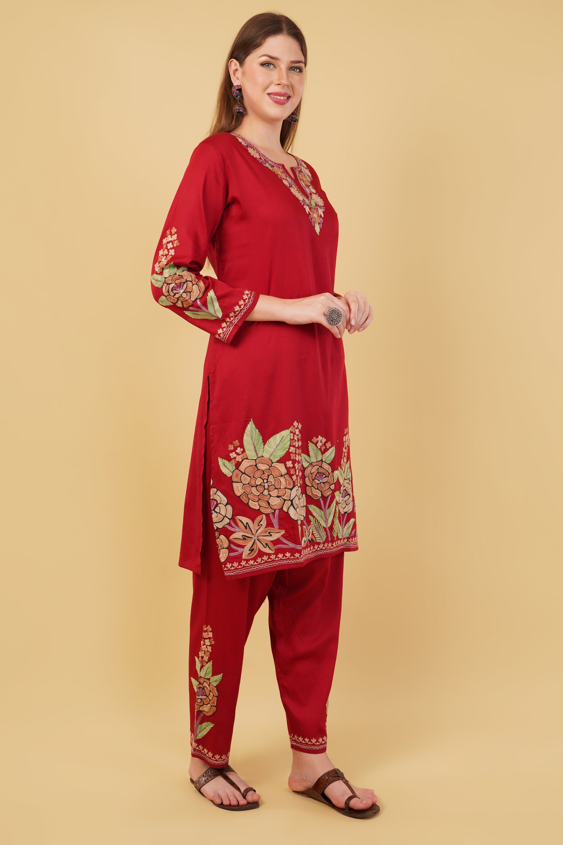 Kashmiri Aari embroidery Jaam Cotton Co-ord set Size-44 (Red)