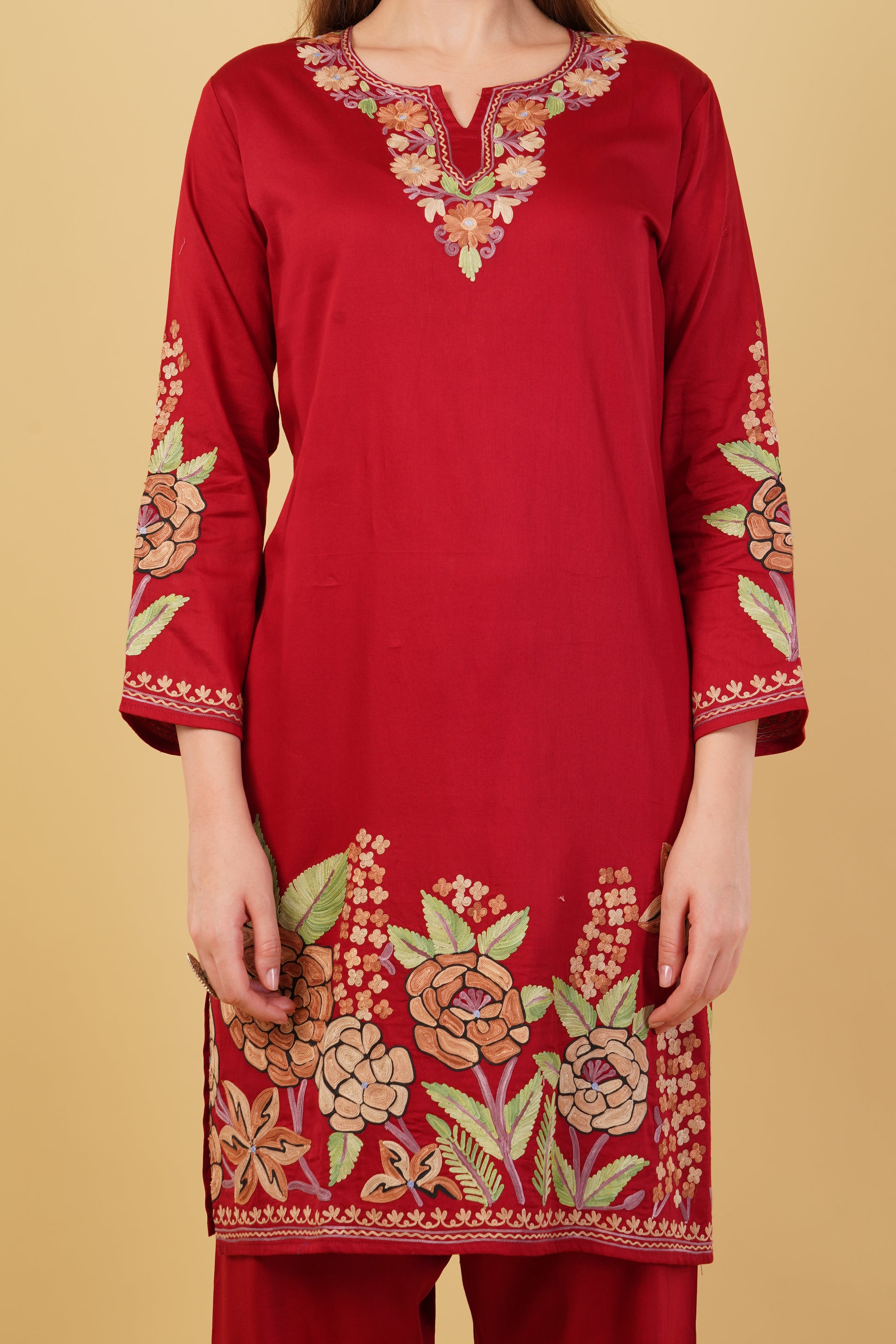 Kashmiri Aari embroidery Jaam Cotton Co-ord set Size-44 (Red)