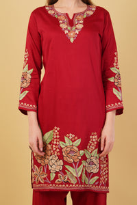 Kashmiri Aari embroidery Jaam Cotton Co-ord set Size-44 (Red)
