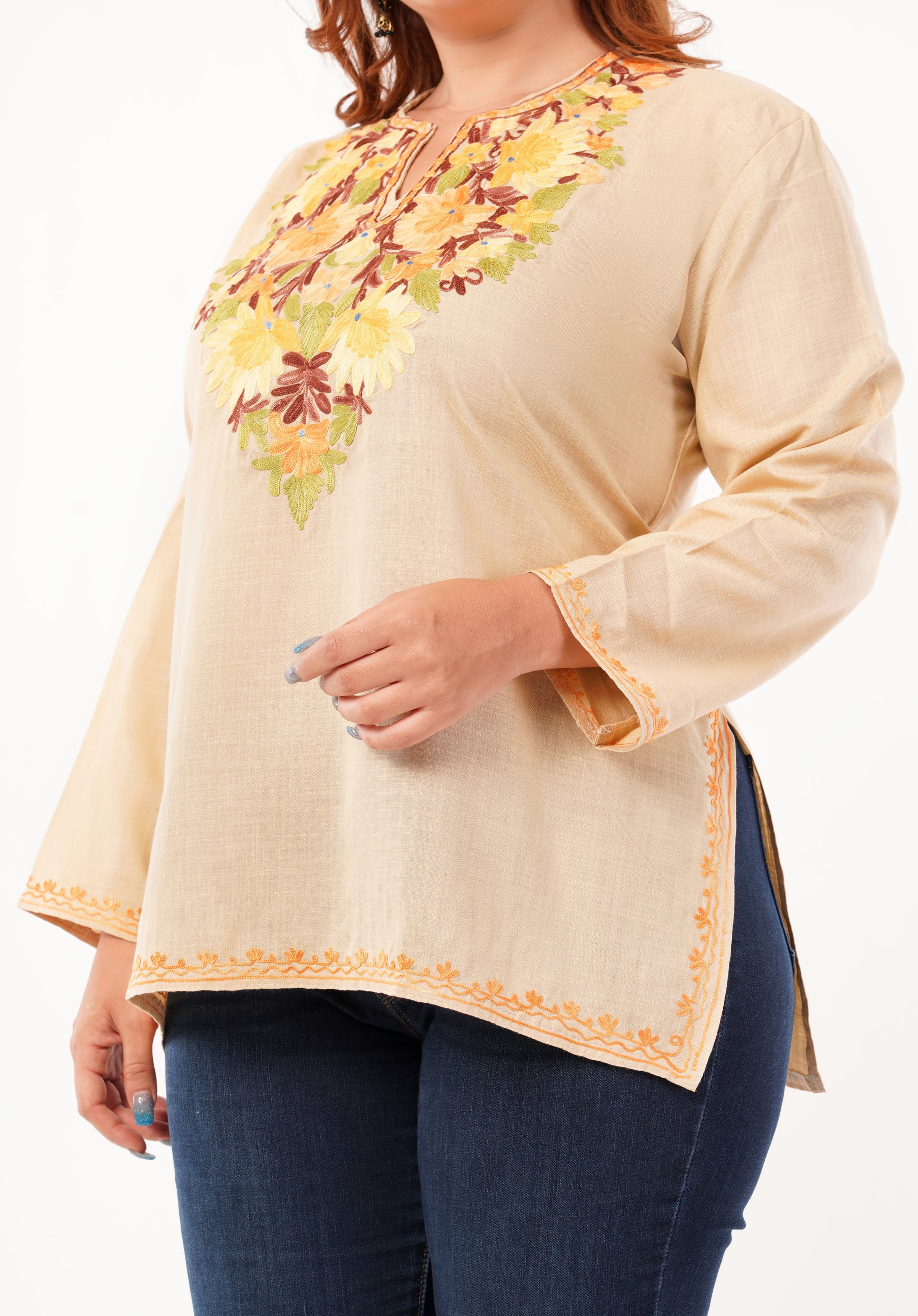 Kashmiri Aari embroidery Cotton Short Kurti Size-46 (Beige)