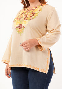 Kashmiri Aari embroidery Cotton Short Kurti Size-46 (Beige)