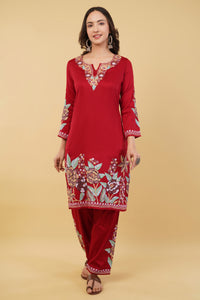 Kashmiri Aari embroidery Jaam Cotton Co-ord set Size-38 (Red)
