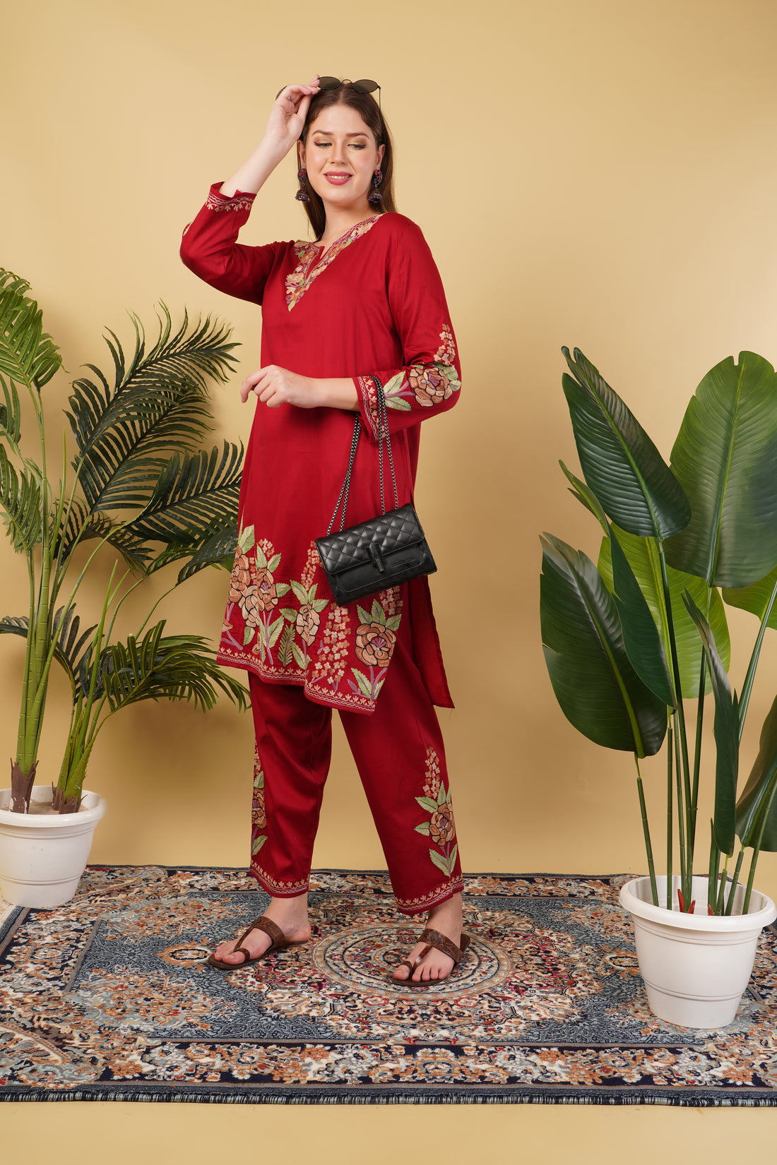 Kashmiri Aari embroidery Jaam Cotton Co-ord set Size-44 (Red)