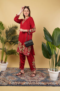 Kashmiri Aari embroidery Jaam Cotton Co-ord set Size-44 (Red)