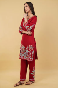 Kashmiri Aari embroidery Jaam Cotton Co-ord set Size-38 (Red)