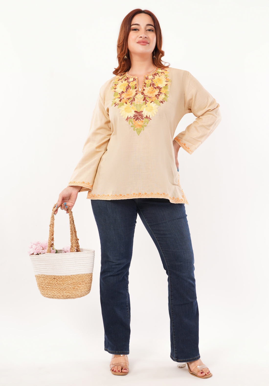 Kashmiri Aari embroidery Cotton Short Kurti Size-46 (Beige)