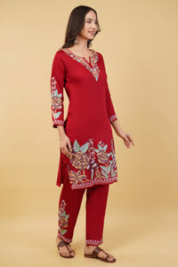 Kashmiri Aari embroidery Jaam Cotton Co-ord set Size-38 (Red)