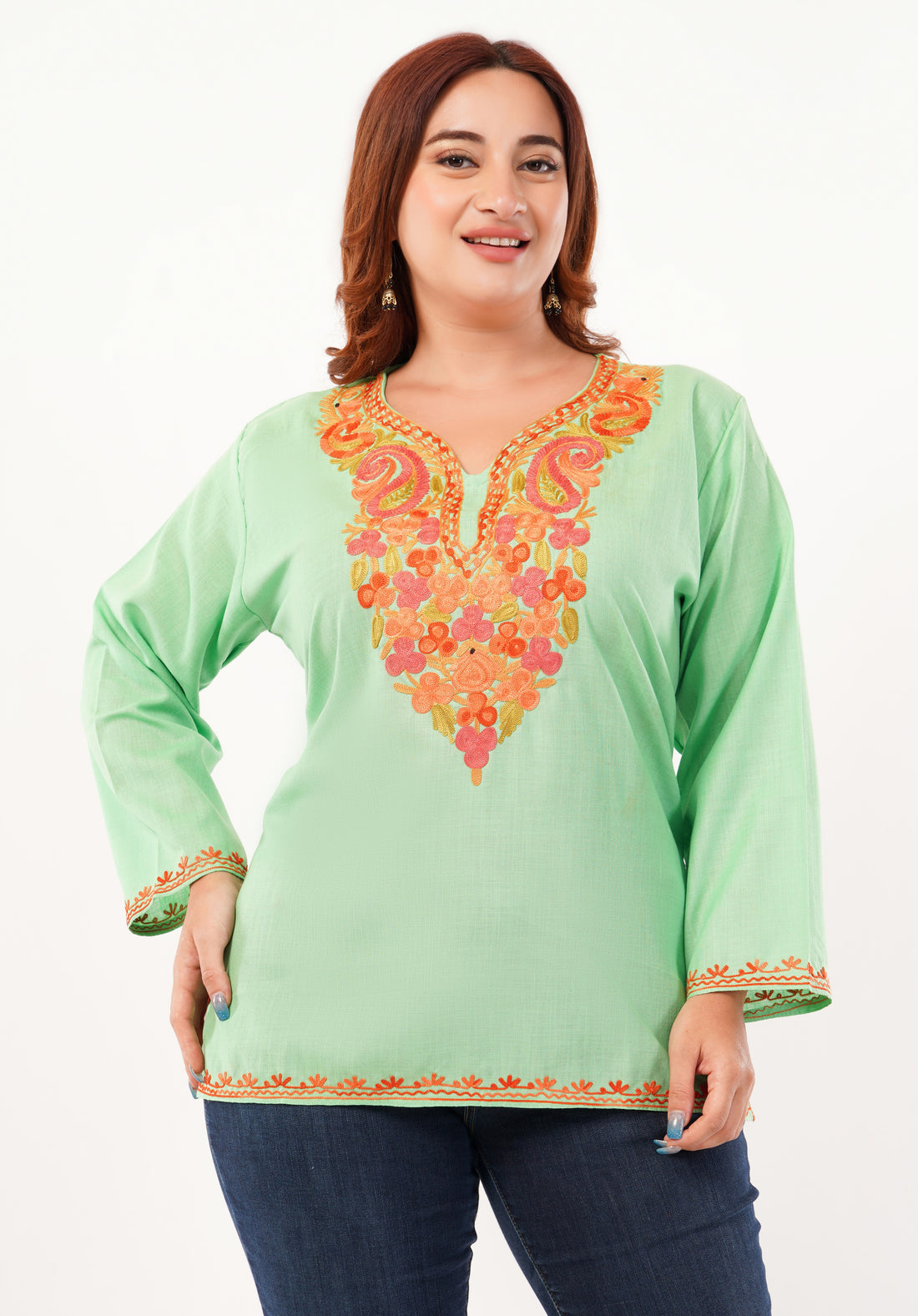 Kashmiri Aari embroidery Cotton Short Kurti Size-46 (Green)